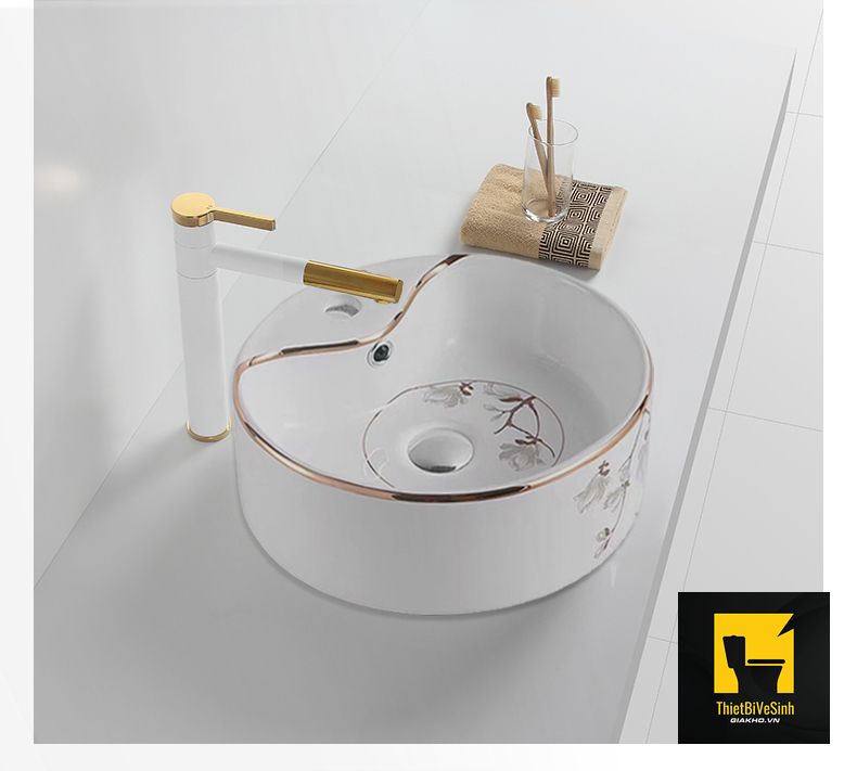 Chậu lavabo đặt bàn tròn hoa tiết hoa Navier NV-430 Chậu lavabo đặt bàn tròn hoa tiết hoa Navier NV-430