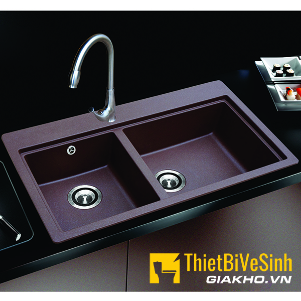 Chậu rửa chén đá nhân tạo 2 hộc đều nâu đỏ Navier NV-8047N
